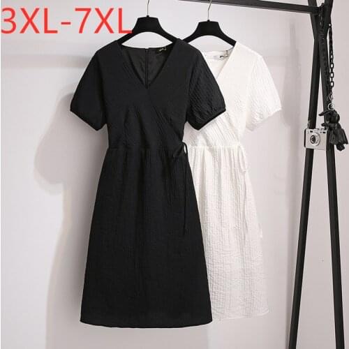 New 2021 Ladies Summer Plus Size Dress For Women Large Short Sleeve Loose Cotton Black V-neck Mini Dress 3XL 4XL 5XL 6XL 7XL