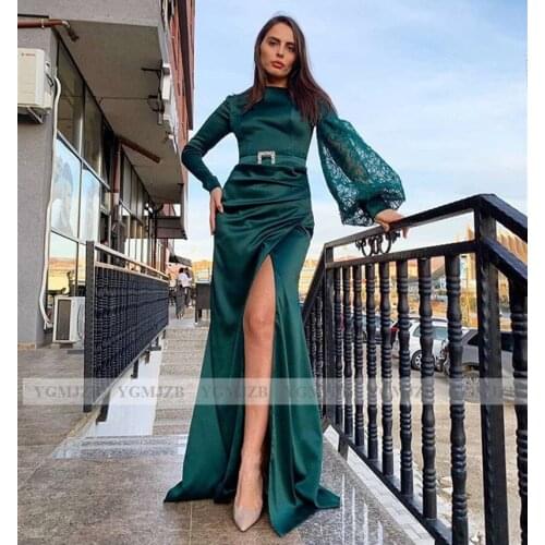 Emerald Green Long Sleeves Evening Dresses 2020 Lace High Slit Formal Dress Women Elegant Plus Size Long Party Dress Prom Gowns