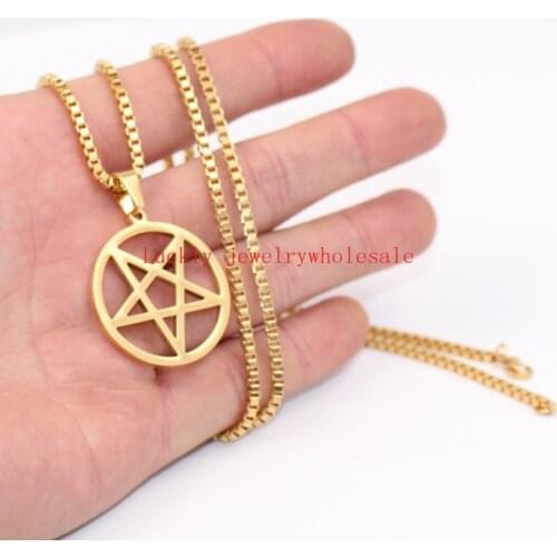 Gold stainless steel jewelry mens Pentagram Pentacle in Circle Wiccan Pagan necklace pendant 2.4mm24