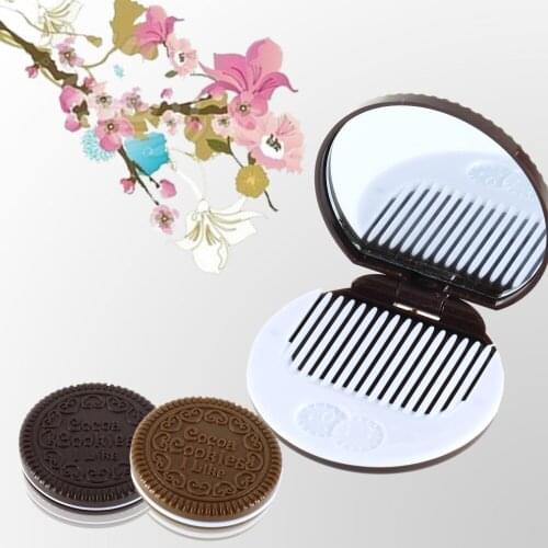 2pcs Cute Chocolate Cookie Shaped Design Makeup Mirror with 1 Comb Lady Women Makeup Tool Pocket Mirror Drop Shipping Wholesale