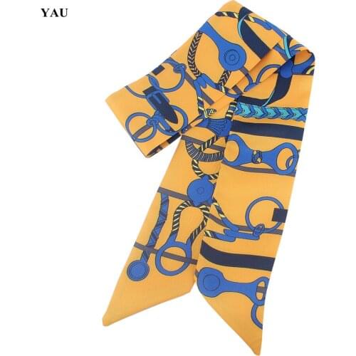 Free Shipping 95cm*5cm Chain 4-colors Printed Small Scarf Women Twill Silk Scarf Headband Long Scarves Bag Accessories Ribbon