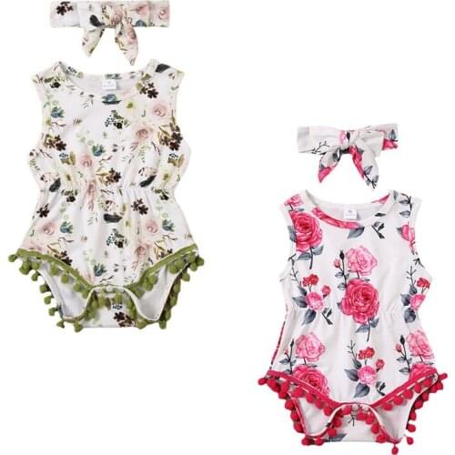 Girl Bodysuit 2020 Newborn Baby Girls Sunsuit Clothes Floral Sleeveleee Tassel Ball Bodysuit Jumpsuit Headband Sets