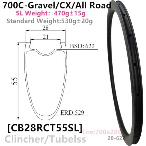 [CB28RCT55-700C] Ultralight 470g 28mm wide 55mm Depth 700C Carbon Fiber Road Rims Clincher Tubeless compatible carbon wheels