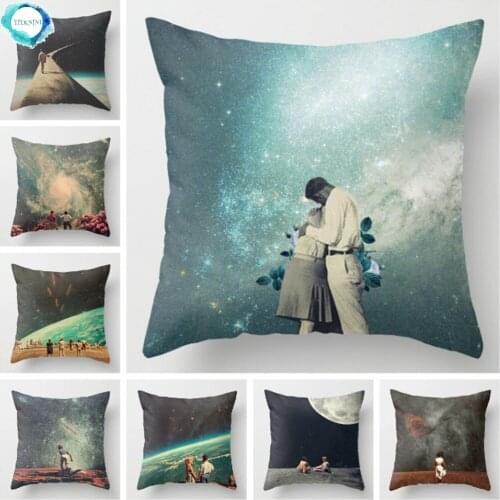 Polyester Romantic Starry Sky Moon Decorative Throw Pillow Case Space Cushion Cover for Home Sofa Bedroom Decoration 45X45CM