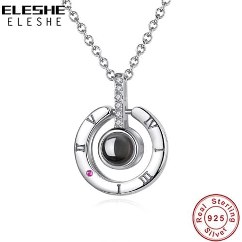 ELESHE 925 Sterling Silver 100 Language I love You Necklace With Cubic Zirconia Round Pendant Neckalce For Women Engagement Gift