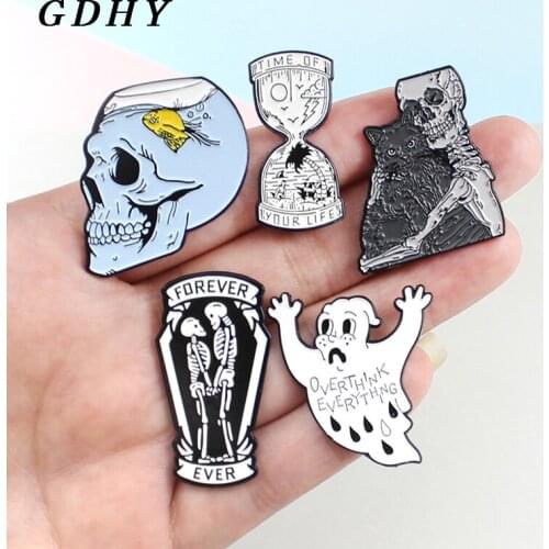 GDHY Skull Brooch Blue Skull Goldfish Fish Tank YOUR LIFE Hourglass Ghost Skeleton Cat Skeleton loverer Coffin Skull Enamel Pins