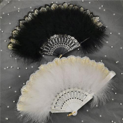 Gothic Fancy Folding Hand Fan - Feather Lolita Vintage Fans Handheld Handmade Art Craft for Women Wedding Party Black White Red