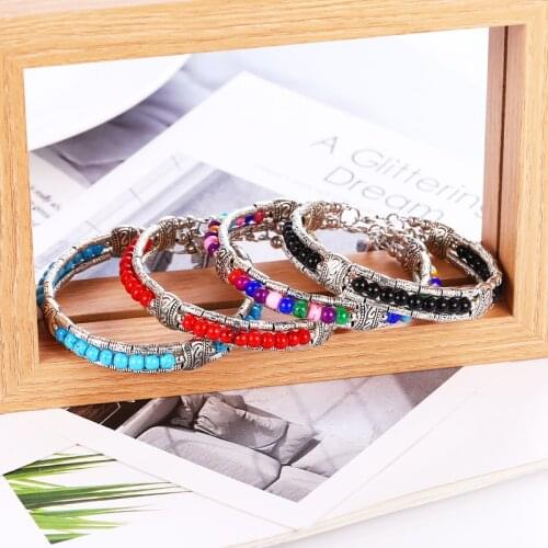 HOCOLE Vintage Stone Bead Bracelets For Women Ethnic Tibetan Silver leaves Pendant Bangles & Bracelet Boho Handmade Jewelry 2019