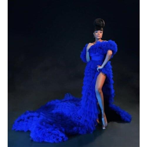 Graceful Blue Prom Dresses Multilayered Ruffles Off Shoulder Evening Dress Custom Made Floor Length Party Gown