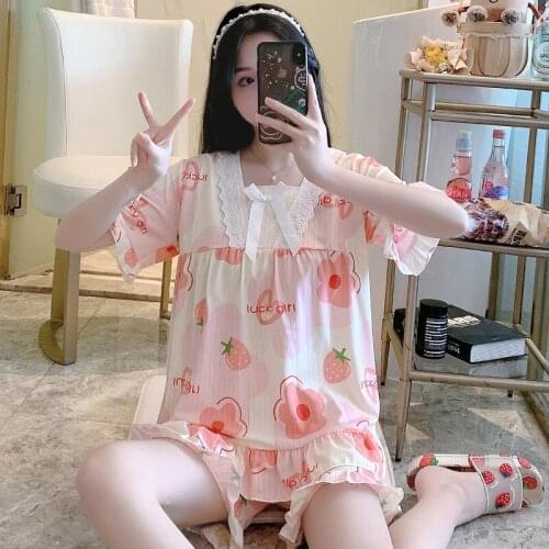 Summer Women Large Size Sleepwear Cute Cartoon Print Lace Princess Pajamas Set Soft Thin Female Big Yards Nighty M-5XL