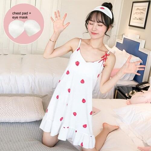 2020 Summer Lady Milk Silk Padded Sleepwear Eye Cover Set Sling Nightdress Nightgown Loose Cute Printed One Piece Home Wear