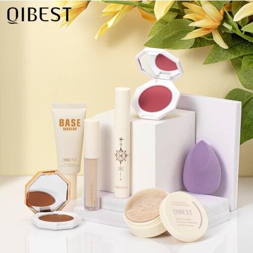 QIBEST 7 pcs Makeup Set Foundation + Blush +Repair Cream Lipstick + Powder + Concealer + Sponge Professional Cosmetic Kit