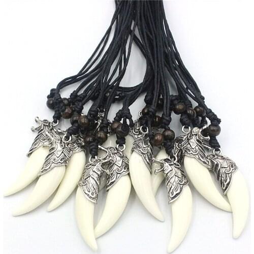Wholesale 12pcs/LOT Tibetan Silver Wolf Teeth Pendants Necklaces Acrylic Wolf Tooth Charms Beads Sweater Chain Rope XL113