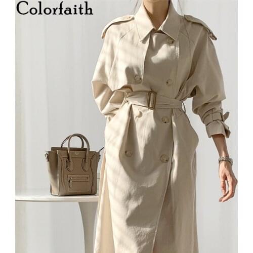 Colorfaith New 2021 Spring Autunm Womens Windbreaker Elegant Buttons Vintage Oversized Lace Up Office Long Trench Tops JK1311