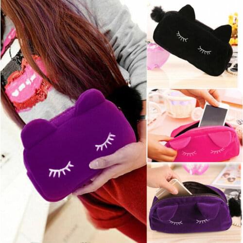 Portable 1pc Cartoon Cat cosmetic bag Coin Storage Case Travel Makeup Bag Pouch With Fur Ball neceser For Women Girls
