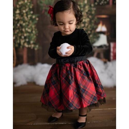 Blotona 2Pcs Kids Girls Christmas Set, Solid Color O-Neck Long Sleeve Pullover Tops+Elastic Waist Plaid Skirt, 6Months-4Years
