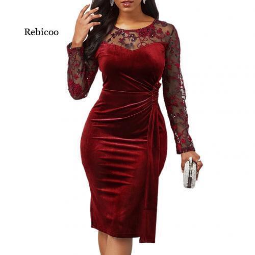 5Xl Sexy Women Dress See Through Long Sleeve Lace Patchwork Ruched Bodycon Party Dress Stylish New Plus Size