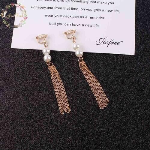 Korean Long tassel pearl clip on earrings women Earrings no pierced ears elegant vintage female gift the bridal jewelry