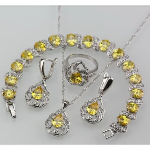 11.11 Hot Selling Dazzling Yellow CZ Water Drop Silver Color Dangle Earrings Bracelet Ring Fashion Women Jewelry Sets
