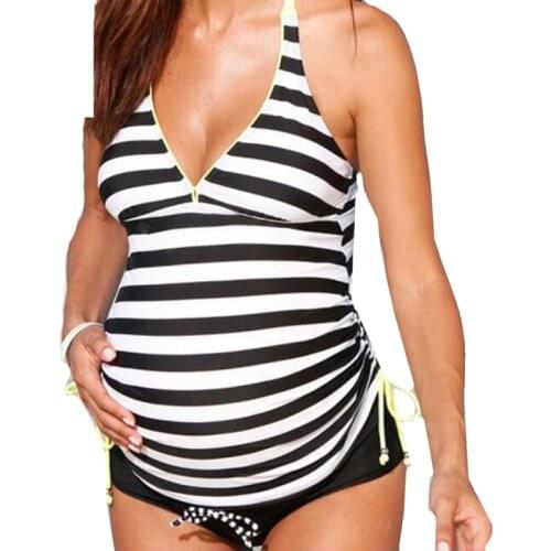 Fashion V-neck Striped Maternity Swimwear Maternity Tankinis Set Women Floral Print Bikinis Swimsuit Beachwear Pregnant Suit
