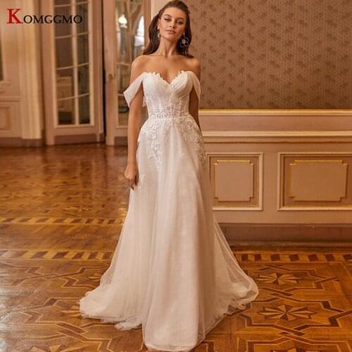 High-End Off the Shoulder Boat Neck A-Line Wedding Dress Custom Made Embroidery Appliques Tulle Court Train Bridal Gown 2021