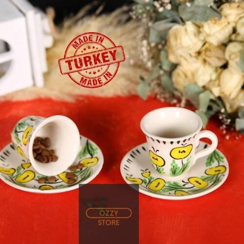 Turkish Coffee Espresso Cup Set for 2 People, Hand Made Tile 4-Piece Ceramic, Kutahya Porcelain, Multi Color
