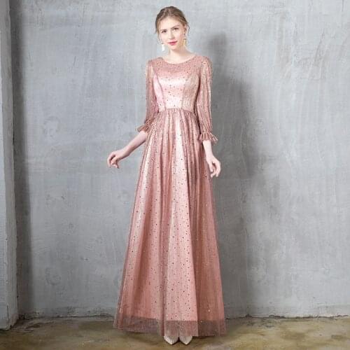 Evening Dress Sequins Simple O-Neck Empire Zipper Back A-Line Half Sleeves Elegant Floor-Length Woman Formal Party Gowns