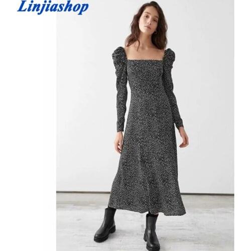 Vintage Square collar Dot Dress Fashion Slim Long Sleeve Elegant Bifurcation Lady Fashion Slim Chic Party Dress