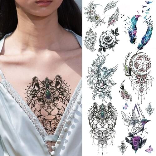 3D Lion King Temporary Tattoos For Women Girls Realistic Bird Feather Geometric Hummingbird Fake Tattoo Sticker Body Art Tatoo