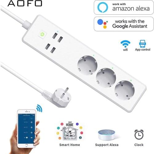 Wifi Smart Power Strip 3 EU Outlets Plug 4 USB Charging Port Timing App Voice Control Work with Alexa,Google Home Assistant