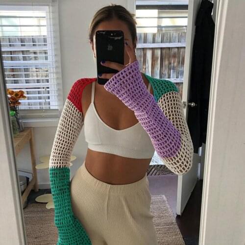 Sexy Long Sleeve Hollow Out Women Tshirts Loose Hole Casual Streetweat Patchwork Female Tops Autumn Navel Clothes 2021