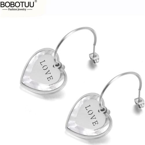 BOBOTUU Romantic Titanium Steel Love Double Heart Stud Earrings For Women Girl Rose Gold White Shell OL Earrings Jewelry BE19181