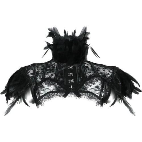 Women Retro Vintage Punk Gothic Shrug Tops Feather Collar Shoulder Lace Cape Bolero Jacket Halloween Party Goth Rave Costumes