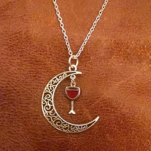 Women Filigree Moon Wine & Cup Necklace Romantic Red Wine Pendant Necklaces Romantic Love Memory Wedding Fashion Party Jewelry