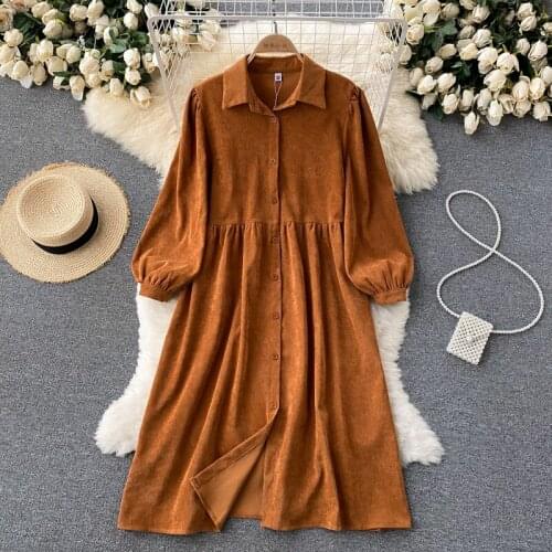 2021 New Autumn Long Sleeve Women Dress Fashion Turn Down Collar Loose Waist Single Breasted Casual Loose Female Corduory Dress