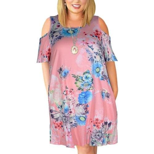 Echoine Xxxl-9xl Super Size Women Fashion Print Cold Shoulder Plus Size Casual T-Shirt Swing Dress with Pockets