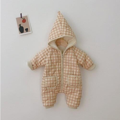 Korean Style Newborn Baby Winter Rompers Hooded Plaid Printed Toddlers Kids Clothes Infants Thicken Warm Jumpsuits