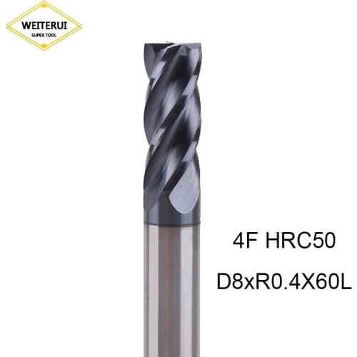 1pc 4 Flute Cutting HRC50 D8xR0.4X60L Corner Rounding End mills Milling Tool Tungsten Carbide Sprial Bit Mill Cutter EndMill