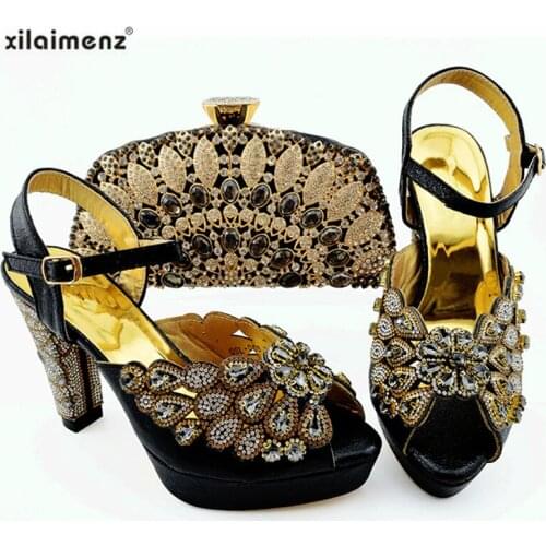 2019 Decorated With Rhinestone Shoes And Bag Set African Design Matching Shoes And Bag Set Super High Heel Sandals in Black