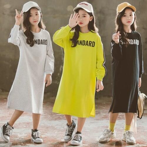Teen Girls Long Hoodie Dress 2020 New Fall Autumn Korean Kids' Skirt Letter Print Children Shirt