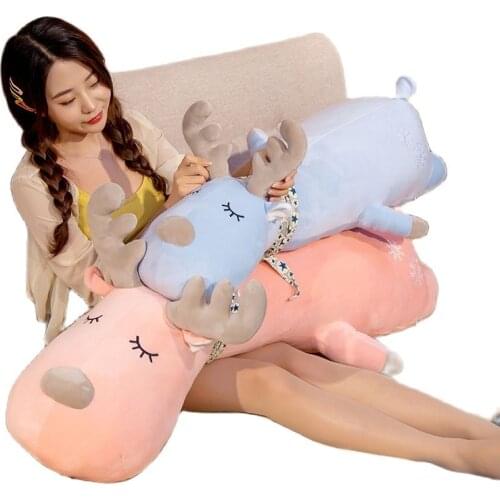 70/95/120cm Christmas Elk Toy Lying Sleeping Squishy Down Cotton Stuffed Plush Animal Doll Blue Pink Boys Girls Christmas Gift