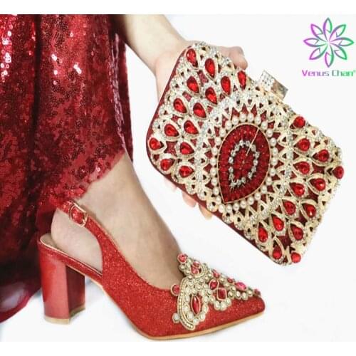 2020 INS Hot Selling Italian Lady Shoes Matching Bag Set Comfortable Heel with Crystal for Garden Party African Lady Shoes