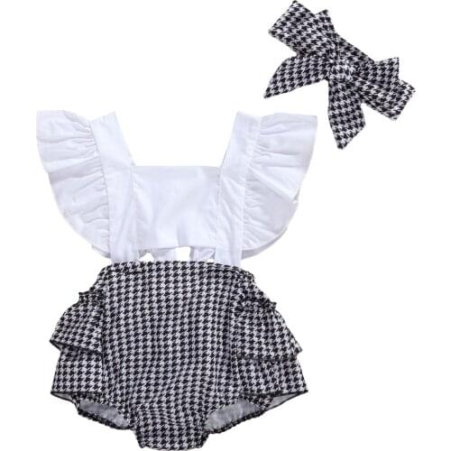 FOCUSNORM 0-18M Newborn Baby Girl Rompers Ruffles Short Sleeve Patchwork HoleJumpsuit Headband 2PCS
