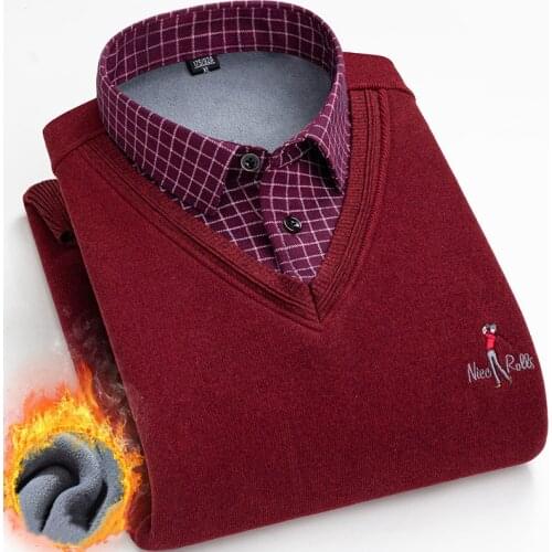 Mens Plus Velvet Thick Warm Fake Two Shirts Classic Fashion Loose Stretch Top Middle-Aged Father Wears Business Casual Pullover