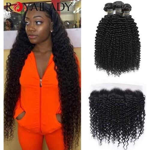 Royal Lady Human Hair Bundles With Frontal Brazilian Hair Kinky Curly 3 Bundles with Frontal 13x4 Lace Part Remy Hair Extensions