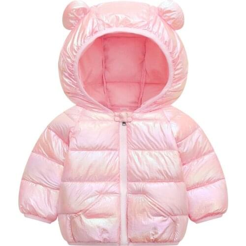 2021 Winter Infant Baby Boys Girls Cartoon Ear Hooded Pullover Tops Warm Clothes Candy Color Coat Kids Clothing Cute Down Jacket