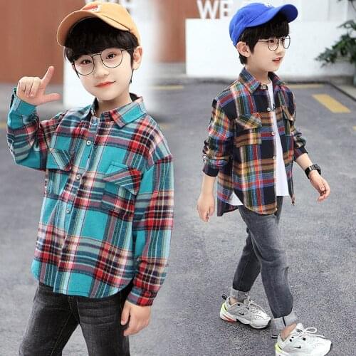 Korean Fashion School Boy Cotton Plaid Shirt Kids Vintage Casual New Spring Clothes Teenager Boys Long Sleeve Plaid-Shirt 4-14T