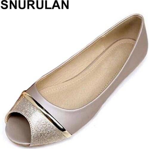 SNURULAN2021 Soft Peep Toe Women Shoes Spring Summer Fashion Flat Sandals Golden Ladies Shoes Big Sizes 34-43