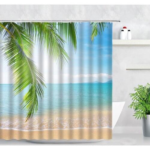 Sunny Beach Blue Ocean Waterproof Cloth Shower Curtains Green Palm Leaves Hawaiian Scenery Modern Bathroom Decor Hanging Curtain