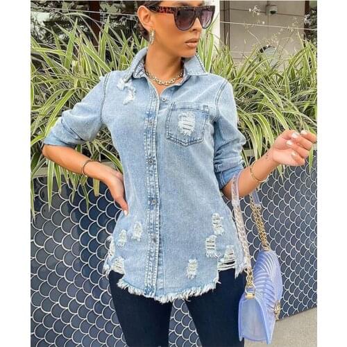 2021 Ripped Mid Length Cowgirl Shirts Casual Slim Burr Denim Women Top Fashion Wild Lapel Long Sleeve Office Lady Cardigan Shirt